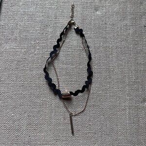 Layered black cord gold tone chain spike dagger choker collar necklace